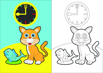 cat eat fish vector cartoon for coloring book or page