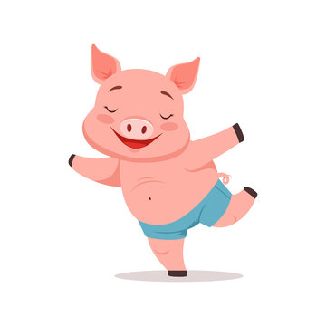 Cute happy pig having fun, funny cartoon animal vector Illustration