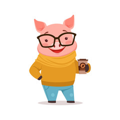 Cute happy pig dressed up in sweater and jeans standing with coffee cup, funny cartoon animal dressed in human clothes vector Illustration