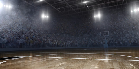 Professional basketball arena in 3D. Big basketball stadium with a lot of fans, bright light and a basketball hoop. - Powered by Adobe