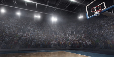 Professional basketball arena in 3D. Big basketball stadium with a lot of fans, bright light and a...