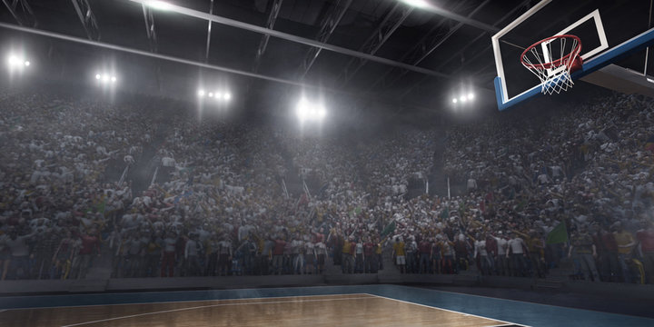 Professional basketball arena in 3D. Big basketball stadium with a lot of fans, bright light and a basketball hoop. Bottom view.