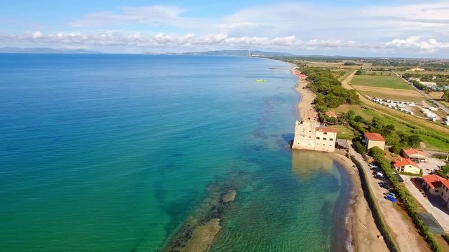Panoramic aerial view of Torre Mozza and Tuscany Coast, Italy.