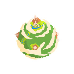Green planet with mountains and castle towers cartoon vector Illustration