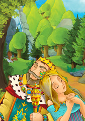 Obraz na płótnie Canvas Cartoon scene of beautiful wedding pair prince and princess in the forest - illustration for children