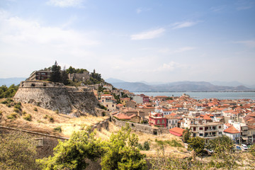 Magnificent view over the old center of Nafplio in Greece taken from Palamidi castle with the sea in the background
