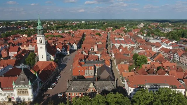 Aerial view of Celle medieval homes, Germany.