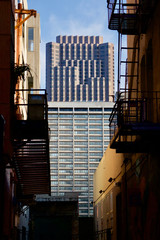 Skyscraper view through an alley