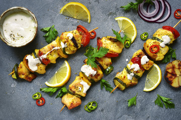 Grilled chicken and vegetables kebab.Top view .