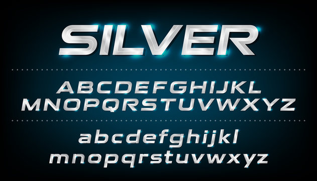 Alphabet font. Metallic, silver effect italic letters on a dark background. alphabet vector typeface glowing text effect. ABC, Lowercase and uppercase letters