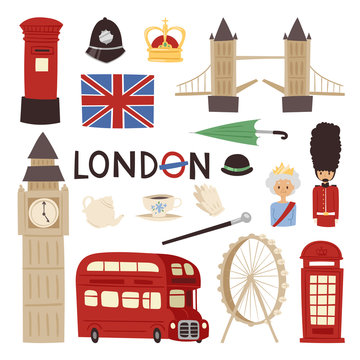 London travel icons english set city flag europe culture britain tourism england traditional vector illustration.
