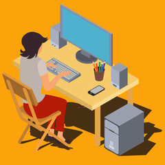 Fototapeta na wymiar Woman sitting at desk, typing on keyboard, working on computer isometric vector illustration. Female pc user, home work station, distant work or study, IT related profession or freelance 3d concept