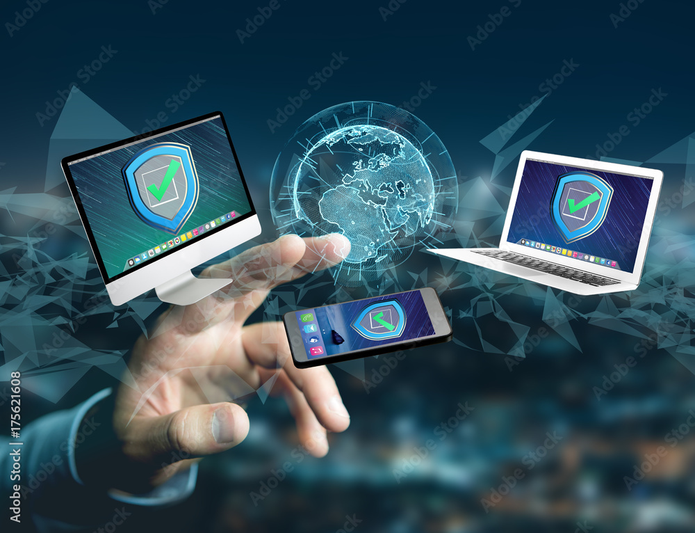 Poster security shield symbol over a network connection of different devices - technology concept
