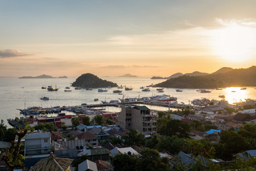 Beautiful sunset at Labuan Bajo Port in Flores Island, East Nusa Tenggara, Indonesia