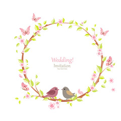 cute floral wreath with blooming sakura and pretty birds