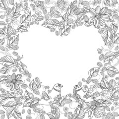 Fototapeta premium romantic heart with birds and floral ornament for your coloring