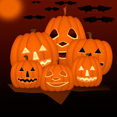 Pumpkins on Halloween. Card with pumpkins and bats in the moonlight on Halloween