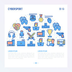 Cybersport concept in half circle with thin line icons: gamer, computer games, pc, headset, mouse, game controller. Modern vector illustration for banner, web page, print media.
