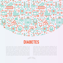 Diabetes concept with thin line icons of symptoms and prevention care. Vector illustration for background of medical survey or report, for banner, web page, print media.