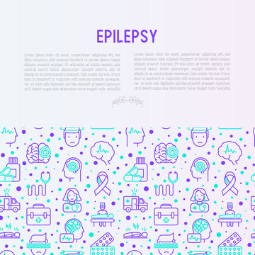 Epilepsy concept with thin line icons of symptoms and treatments: convulsion, disorder, dizziness, brain scan. World epilepsy day. Vector illustration for banner, web page, print media.