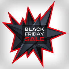 Black Friday Sale. Volume geometric shape, 3d levitation black crystal, creative low polygons dark object. Red lightning. vector design form for you business projects