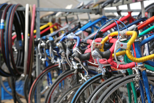 Fototapeta used racing bikes for sale in the flea market outdoors