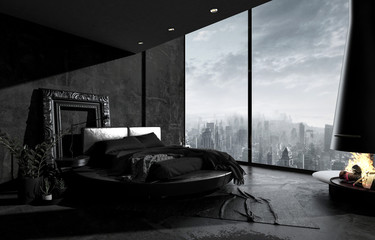Double bed in dark bedroom with large window