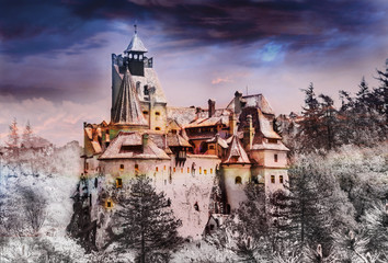 Bran (Dracula) castle of Transylvania, in Halloween edit, Brasov region, Romania, Europe - obrazy, fototapety, plakaty