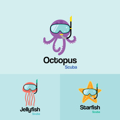 Naklejka premium Sea life Animal Scuba Logo Template. Octopus, Jellyfish, Starfish with scuba diving mask in flat design for Diving and Snorkeling equipment shop, diving School.