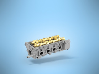 Cylinder head with gold parts inside 3d render on blue background