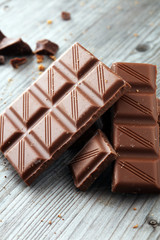 Dark Chocolate chunks and stacked broken chocolate bar.
