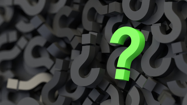Black and green question marks background. 3D Rendering.