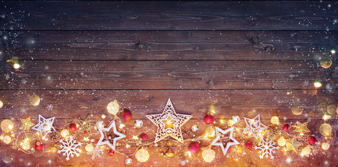 Christmas Vintage Card - Decoration And Lights On Dark Table