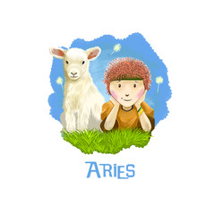 Aries horoscope sign with children digital art illustration isolated on white. Little boy and young cow sitting on the meadow on background of blue sky, horned pet animal sign for prints design