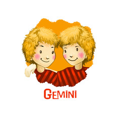 Gemini horoscope sign with children digital art illustration isolated on white. Two twin blonde boys or girls looking at each other, similar identical people web print t-shirt design poster with kids