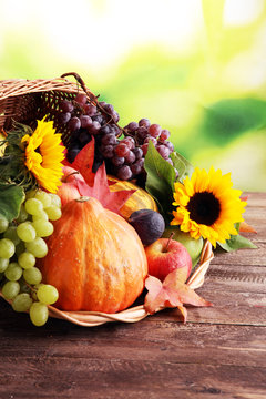 Autumn nature concept. Fall fruit and vegetables on wood. Thanksgiving dinner.
