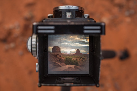 Sunrise Over Monument Valley Utah USA Through Viewfinder of Vintage TLR Film Camera