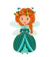 Cute beautiful Princess fairy in a wreath of leaves. The red-haired girl in a flat style.