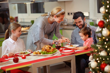 family celebrating Christmas - Mother serving turkey.