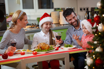 happy Family enjoying eating traditional Christmas dinner.