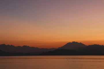 Sunset at the Zugersee with the Pilatus in the background, Zug, Switzerland, Europe