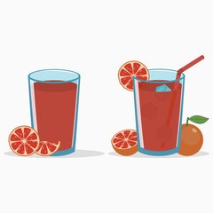 Grapefruit juice in a glass with grapefruit slice and half. Natural fresh citrus drink with straw and ice cube. Vector illustration.