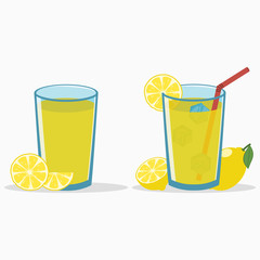 Lemon juice in a glass with lemon slice and half. Natural fresh citrus drink with straw and ice cube. Lemonade. Vector illustration.