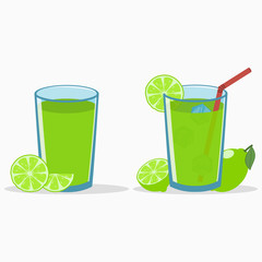 Lime juice in a glass with lime slice and half. Natural fresh citrus drink with straw and ice cube. Vector illustration.