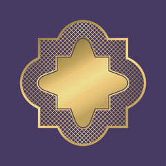 Gold geometric frame. Abstract ornamental blank banner in arabic style on violet background. Vector illustration.