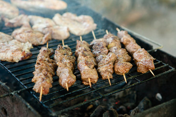 The pork shish kabobs prepared on a brazier for a holiday