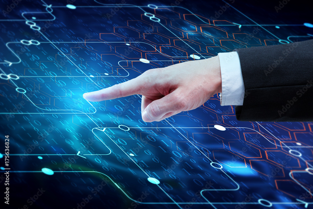 Poster hand pointing at digital background