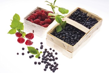 Blueberries and rasberries in a basket
