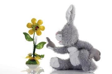 Stuffed rabbit, plush rabbit pointing its index finger toward an artificial flower