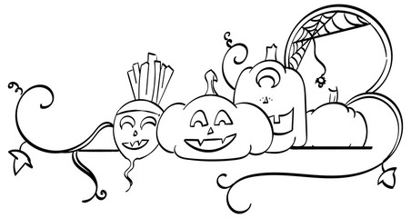 Multiple Jack-o-Lanterns surrounded by squash vines and a spiderweb.